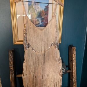 Lulu's Champagne Fringe Sequin Slip Dress